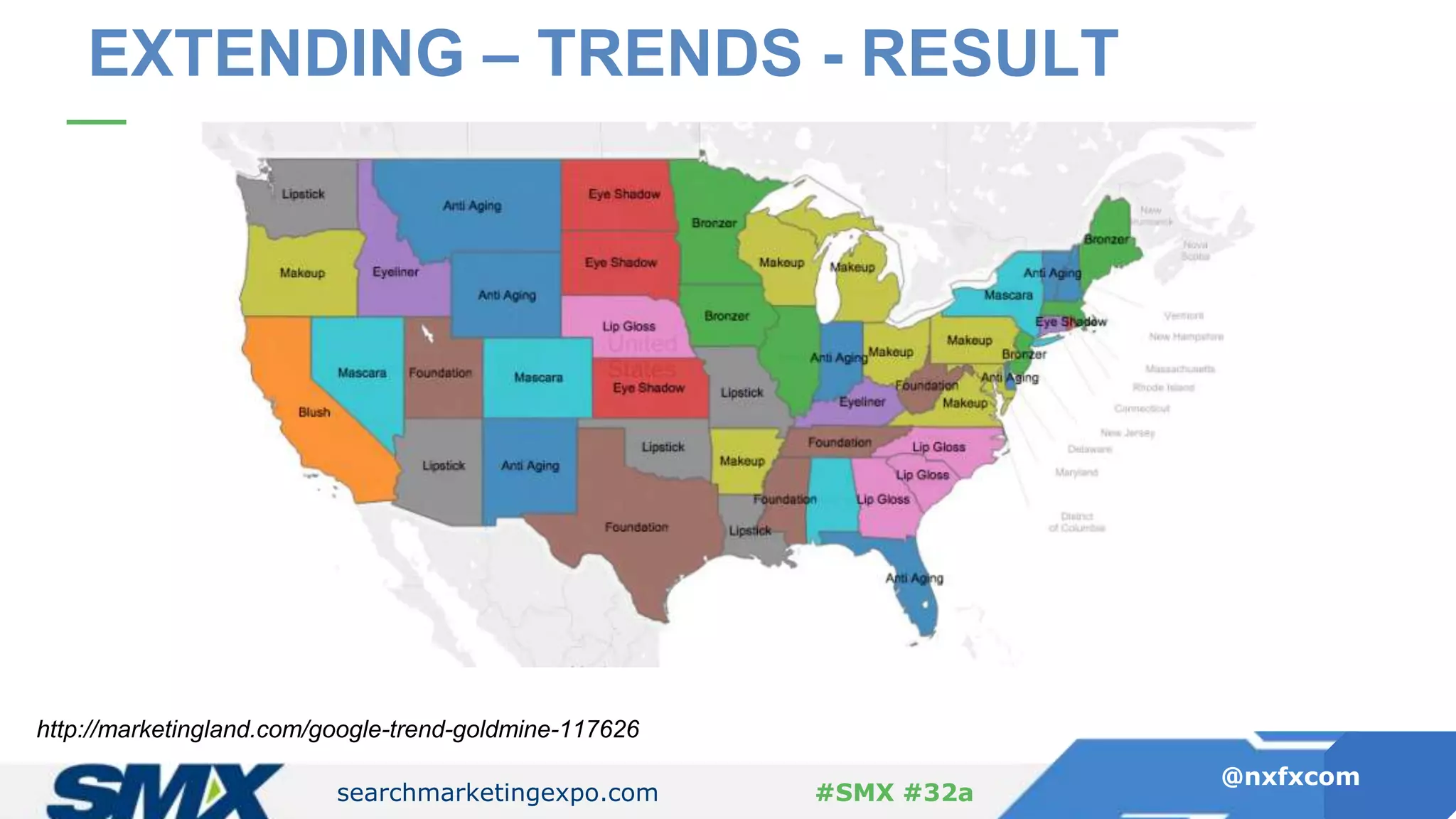 searchmarketingexpo.com
@nxfxcom
#SMX #32a
EXTENDING – TRENDS - RESULT
http://marketingland.com/google-trend-goldmine-117626
 