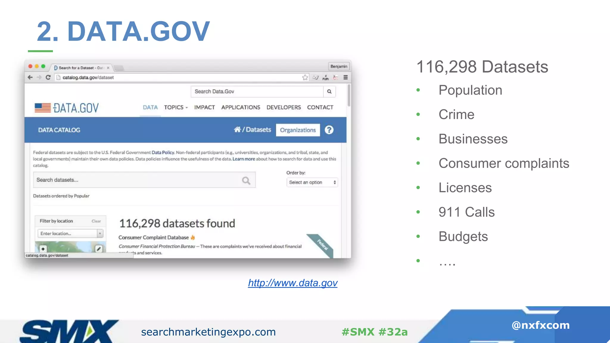 searchmarketingexpo.com
@nxfxcom
#SMX #32a
2. DATA.GOV
http://www.data.gov
116,298 Datasets
• Population
• Crime
• Businesses
• Consumer complaints
• Licenses
• 911 Calls
• Budgets
• ….
 