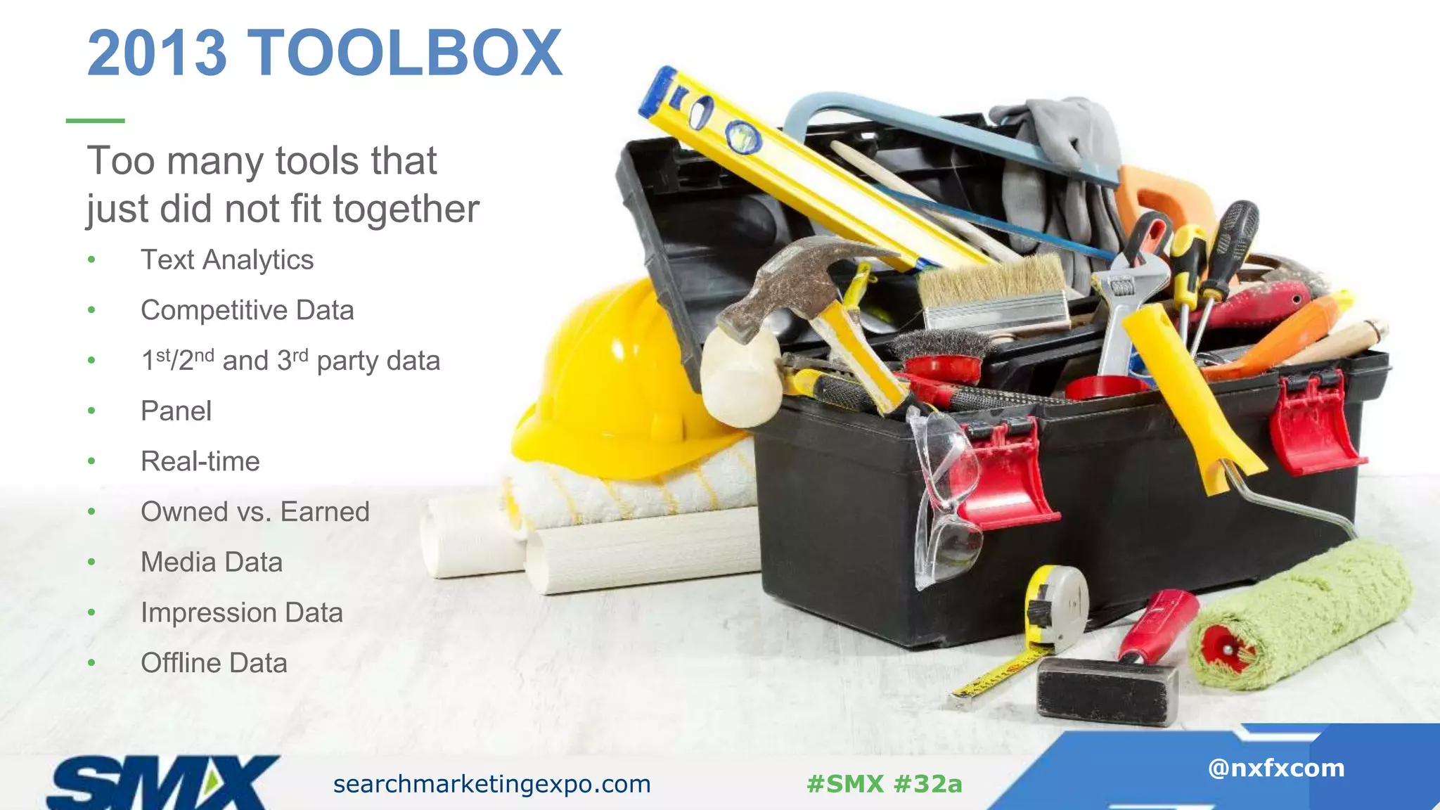 searchmarketingexpo.com
@nxfxcom
#SMX #32a
2013 TOOLBOX
searchmarketingexpo.com
@nxfxcom
#SMX #32a
Too many tools that
just did not fit together
• Text Analytics
• Competitive Data
• 1st/2nd and 3rd party data
• Panel
• Real-time
• Owned vs. Earned
• Media Data
• Impression Data
• Offline Data
 