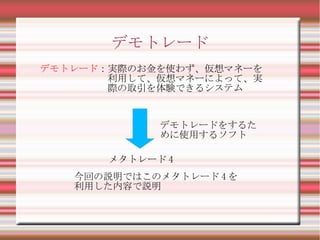 デモトレード
デモトレード：実際のお金を使わず、仮想マネーを
　　　　　　　利用して、仮想マネーによって、実
　　　　　　　際の取引を体験できるシステム


             デモトレードをするた
             めに使用するソフト

       メタトレード 4
   今回の説明ではこのメタトレード 4 を
   利用した内容で説明
 