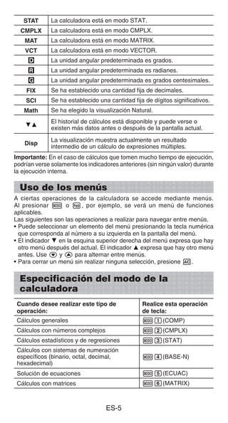 ES-5
STAT La calculadora está en modo STAT.
CMPLX La calculadora está en modo CMPLX.
MAT La calculadora está en modo MATRIX.
VCT La calculadora está en modo VECTOR.
7 La unidad angular predeterminada es grados.
8 La unidad angular predeterminada es radianes.
9 La unidad angular predeterminada es grados centesimales.
FIX Se ha establecido una cantidad fija de decimales.
SCI Se ha establecido una cantidad fija de dígitos significativos.
Math Se ha elegido la visualización Natural.
$`
El historial de cálculos está disponible y puede verse o
existen más datos antes o después de la pantalla actual.
Disp
La visualización muestra actualmente un resultado
intermedio de un cálculo de expresiones múltiples.
Importante: En el caso de cálculos que tomen mucho tiempo de ejecución,
podrían verse solamente los indicadores anteriores (sin ningún valor) durante
la ejecución interna.
Uso de los menús
A ciertas operaciones de la calculadora se accede mediante menús.
Al presionar m o w, por ejemplo, se verá un menú de funciones
aplicables.
Las siguientes son las operaciones a realizar para navegar entre menús.
• Puede seleccionar un elemento del menú presionando la tecla numérica
que corresponda al número a su izquierda en la pantalla del menú.
• El indicador $ en la esquina superior derecha del menú expresa que hay
otro menú después del actual. El indicador ` expresa que hay otro menú
antes. Use c y f para alternar entre menús.
• Para cerrar un menú sin realizar ninguna selección, presione A.
Especificación del modo de la
calculadora
Cuando desee realizar este tipo de
operación:
Realice esta operación
de tecla:
Cálculos generales m1(COMP)
Cálculos con números complejos m2(CMPLX)
Cálculos estadísticos y de regresiones m3(STAT)
Cálculos con sistemas de numeración
específicos (binario, octal, decimal,
hexadecimal)
m4(BASE-N)
Solución de ecuaciones m5(ECUAC)
Cálculos con matrices m6(MATRIX)
 