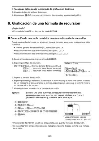 5-23
u Recuperar datos desde la memoria de graficación dinámica
1. Visualice la lista de gráficos dinámicos.
2. Al presionar 6(RCL) recupera el contenido de memoria y representa el gráfico.
9. Graficación de una fórmula de recursión
¡Importante!
• El modelo fx-7400G no dispone del modo RECUR.
k Generación de una tabla numérica desde una fórmula de recursión
Puede ingresar hasta tres de los siguientes tipos de fórmulas recurrentes y generar una tabla
numérica.
• Término general de la sucesión {an}, compuesto por an, n
• Recursión lineal de dos términos compuesta por an+1, an, n
• Recursión lineal de tres términos compuesta por an+2, an+1, an, n
1. Desde el menú principal, ingrese al modo RECUR.
2. Especifique el tipo de recursión.
3(TYPE)1(an) ... {término general de la sucesión an}
2(an+1) ... {recursión lineal de dos términos}
3(an+2) ... {recursión lineal de tres términos}
3. Ingrese la fórmula de recursión.
4. Especifique el rango de la tabla. Especifique el punto inicial y el punto final para n. En caso
de ser necesario, si piensa graficar la fórmula, especifique un valor para el término inicial y
un valor de inicio del puntero.
5. Visualice la tabla numérica de la fórmula de recursión.
Ejemplo Generar una tabla numérica por recursión entre tres términos
expresados por an+2 = an+1 + an, con valores iniciales a1 = 1, a2 = 1
(Sucesión de Fibonacci), cuando n varía entre 1 y 6.
1 m RECUR
2 3(TYPE)3(an+2)
3 4(n.an ··)3(an+1)+2(an)w
4 5(SET)2(a1)bwgwbwbwJ
5 6(TABL)
* Los primeros dos valores
corresponden a a1 = 1 y a2 = 1.
• Presionando 1(FORM) se volverá a la pantalla para guardar fórmulas de recursión.
• Si especifica “On” en la configuración de “ΣDisplay”, la suma de cada término será incluida
en la tabla.
 