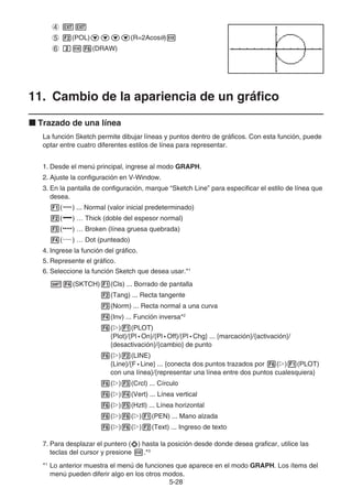 5-28
4 JJ
5 2(POL)cccc(R=2Acosθ)w
6 cw6(DRAW)
11. Cambio de la apariencia de un gráfico
k Trazado de una línea
La función Sketch permite dibujar líneas y puntos dentro de gráficos. Con esta función, puede
optar entre cuatro diferentes estilos de línea para representar.
1. Desde el menú principal, ingrese al modo GRAPH.
2. Ajuste la configuración en V-Window.
3. En la pantalla de configuración, marque “Sketch Line” para especificar el estilo de línea que
desea.
1( ) ... Normal (valor inicial predeterminado)
2( ) … Thick (doble del espesor normal)
3( ) … Broken (línea gruesa quebrada)
4( ) … Dot (punteado)
4. Ingrese la función del gráfico.
5. Represente el gráfico.
6. Seleccione la función Sketch que desea usar.*1
!4(SKTCH)1(Cls) ... Borrado de pantalla
2(Tang) ... Recta tangente
3(Norm) ... Recta normal a una curva
4(Inv) ... Función inversa*2
6(g)1(PLOT)
{Plot}/{Pl • On}/{Pl • Off}/{Pl • Chg} ... {marcación}/{activación}/
{desactivación}/{cambio} de punto
6(g)2(LINE)
{Line}/{F • Line} ... {conecta dos puntos trazados por 6(g)1(PLOT)
con una línea}/{representar una línea entre dos puntos cualesquiera}
6(g)3(Crcl) ... Círculo
6(g)4(Vert) ... Línea vertical
6(g)5(Hztl) ... Línea horizontal
6(g)6(g)1(PEN) ... Mano alzada
6(g)6(g)2(Text) ... Ingreso de texto
7. Para desplazar el puntero ( ) hasta la posición desde donde desea graficar, utilice las
teclas del cursor y presione w.*3
*1
Lo anterior muestra el menú de funciones que aparece en el modo GRAPH. Los ítems del
menú pueden diferir algo en los otros modos.
 