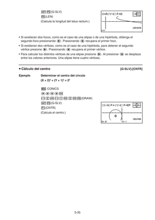 5-35
!5(G-SLV)
5(LEN)
(Calcula la longitud del latus rectum.)
• Si existieran dos focos, como es el caso de una elipse o de una hipérbola, obtenga el
segundo foco presionando e. Presionando d recupera el primer foco.
• Si existieran dos vértices, como es el caso de una hipérbola, para obtener el segundo
vértice presione e. Presionando d recupera el primer vértice.
• Para calcular los distintos vértices de una elipse presione e. Al presionar d se desplaza
entre los valores anteriores. Una elipse tiene cuatro vértices.
u Cálculo del centro [G-SLV]-[CNTR]
Ejemplo Determinar el centro del círculo
(X + 2)2
+ (Y + 1)2
= 22
m CONICS
ccccw
-cw-bwcw6(DRAW)
!5(G-SLV)
1(CNTR)
(Calcula el centro.)
 