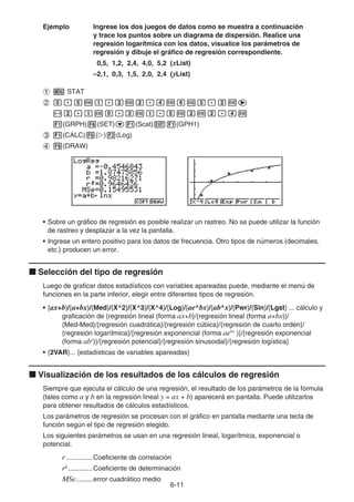 6-11
Ejemplo Ingrese los dos juegos de datos como se muestra a continuación
y trace los puntos sobre un diagrama de dispersión. Realice una
regresión logarítmica con los datos, visualice los parámetros de
regresión y dibuje el gráfico de regresión correspondiente.
0,5, 1,2, 2,4, 4,0, 5,2 (xList)
–2,1, 0,3, 1,5, 2,0, 2,4 (yList)
1 m STAT
2 a.fwb.cwc.ewewf.cwe
-c.bwa.dwb.fwcwc.ew
1(GRPH)6(SET)c1(Scat)J1(GPH1)
3 1(CALC)6(g)2(Log)
4 6(DRAW)
• Sobre un gráfico de regresión es posible realizar un rastreo. No se puede utilizar la función
de rastreo y desplazar a la vez la pantalla.
• Ingrese un entero positivo para los datos de frecuencia. Otro tipos de números (decimales,
etc.) producen un error.
k Selección del tipo de regresión
Luego de graficar datos estadísticos con variables apareadas puede, mediante el menú de
funciones en la parte inferior, elegir entre diferentes tipos de regresión.
• {ax+b}/{a+bx}/{Med}/{X^2}/{X^3}/{X^4}/{Log}/{ae^bx}/{ab^x}/{Pwr}/{Sin}/{Lgst} ... cálculo y
graficación de {regresión lineal (forma ax+b}/{regresión lineal (forma a+bx)}/
{Med-Med}/{regresión cuadrática}/{regresión cúbica}/{regresión de cuarto orden}/
{regresión logarítmica}/{regresión exponencial (forma aebx
)}/{regresión exponencial
(forma abx
)}/{regresión potencial}/{regresión sinusoidal}/{regresión logística}
• {2VAR}... {estadísticas de variables apareadas}
k Visualización de los resultados de los cálculos de regresión
Siempre que ejecuta el cálculo de una regresión, el resultado de los parámetros de la fórmula
(tales como a y b en la regresión lineal y = ax + b) aparecerá en pantalla. Puede utilizarlos
para obtener resultados de cálculos estadísticos.
Los parámetros de regresión se procesan con el gráfico en pantalla mediante una tecla de
función según el tipo de regresión elegido.
Los siguientes parámetros se usan en una regresión lineal, logarítmica, exponencial o
potencial.
r..............Coeficiente de correlación
r2
.............Coeficiente de determinación
MSe.........error cuadrático medio
 