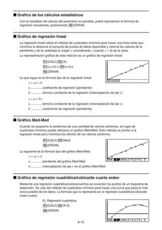 6-12
k Grafico de los cálculos estadísticos
Con el resultado del cálculo del parámetro en pantalla, podrá representar la fórmula de
regresión visualizada, presionando 6(DRAW).
k Gráfico de regresión lineal
La regresión lineal utiliza el método de cuadrados mínimos para trazar una línea recta que
minimiza la distancia al conjunto de puntos de datos disponible y retorna los valores de la
pendiente y de la ordenada al origen y (coordenada y cuando x = 0) de la recta.
La representación gráfica de esta relación es un gráfico de regresión lineal:
1(CALC)2(X)
1(ax+b) o 2(a+bx)
6(DRAW)
La que sigue es la fórmula tipo de la regresión lineal:
y = ax + b
a .............coeficiente de regresión (pendiente)
b .............término constante de la regresión (interceptación de eje y)
y = a + bx
a .............término constante de la regresión (interceptación de eje y)
b .............coeficiente de regresión (pendiente)
k Gráfico Med-Med
Cuando se sospecha la existencia de una cantidad de valores extremos, en lugar de
cuadrados mínimos puede utilizarse un gráfico Med-Med. Este método es similar a la
regresión lineal pero minimiza los efectos de los valores extremos.
1(CALC)3(Med)
6(DRAW)
La siguiente es la fórmula tipo del gráfico Med-Med:
y = ax + b
a..............pendiente del gráfico Med-Med
b..............interceptación de eje y en el gráfico Med-Med
k Gráfico de regresión cuadrática/cúbica/de cuarto orden
Mediante una regresión cuadrática/cúbica/cuártica se conectan los puntos de un diagrama de
dispersión. Se vale del método de cuadrados mínimos para trazar una curva que pasa lo más
cerca posible de los datos. La fórmula que la representa es la regresión cuadrática/cúbica/de
orden cuatro.
Ej. Regresión cuadrática
1(CALC)4(X^2)
6(DRAW)
 