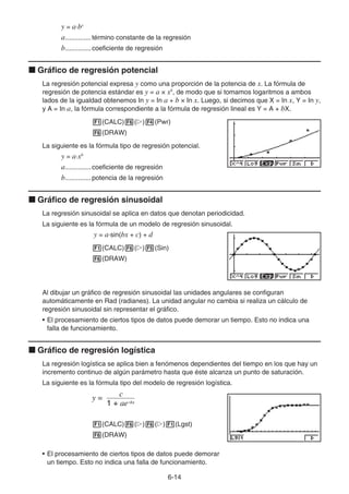 6-14
y = a·bx
a..............término constante de la regresión
b..............coeficiente de regresión
k Gráfico de regresión potencial
La regresión potencial expresa y como una proporción de la potencia de x. La fórmula de
regresión de potencia estándar es y = a × xb
, de modo que si tomamos logaritmos a ambos
lados de la igualdad obtenemos In y = In a + b × In x. Luego, si decimos que X = In x, Y = In y,
y A = In a, la fórmula correspondiente a la fórmula de regresión lineal es Y = A + bX.
1(CALC)6(g)4(Pwr)
6(DRAW)
La siguiente es la fórmula tipo de regresión potencial.
y = a·xb
a..............coeficiente de regresión
b..............potencia de la regresión
k Gráfico de regresión sinusoidal
La regresión sinusoidal se aplica en datos que denotan periodicidad.
La siguiente es la fórmula de un modelo de regresión sinusoidal.
y = a·sin(bx + c) + d
1(CALC)6(g)5(Sin)
6(DRAW)
Al dibujar un gráfico de regresión sinusoidal las unidades angulares se configuran
automáticamente en Rad (radianes). La unidad angular no cambia si realiza un cálculo de
regresión sinusoidal sin representar el gráfico.
• El procesamiento de ciertos tipos de datos puede demorar un tiempo. Esto no indica una
falla de funcionamiento.
k Gráfico de regresión logística
La regresión logística se aplica bien a fenómenos dependientes del tiempo en los que hay un
incremento continuo de algún parámetro hasta que éste alcanza un punto de saturación.
La siguiente es la fórmula tipo del modelo de regresión logística.
1(CALC)6(g)6(g)1(Lgst)
6(DRAW)
• El procesamiento de ciertos tipos de datos puede demorar
un tiempo. Esto no indica una falla de funcionamiento.
y = c
1 + ae–bx
y = c
1 + ae–bx
 