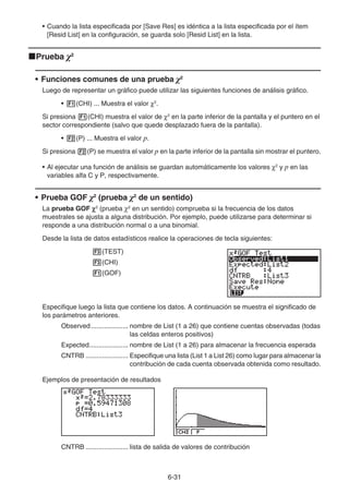 6-31
• Cuando la lista especificada por [Save Res] es idéntica a la lista especificada por el ítem
[Resid List] en la configuración, se guarda solo [Resid List] en la lista.
kPrueba 2
• Funciones comunes de una prueba 2
Luego de representar un gráfico puede utilizar las siguientes funciones de análisis gráfico.
• 1(CHI) ... Muestra el valor χ2
.
Si presiona 1(CHI) muestra el valor de χ2
en la parte inferior de la pantalla y el puntero en el
sector correspondiente (salvo que quede desplazado fuera de la pantalla).
• 2(P) ... Muestra el valor p.
Si presiona 2(P) se muestra el valor p en la parte inferior de la pantalla sin mostrar el puntero.
• Al ejecutar una función de análisis se guardan automáticamente los valores χ2
y p en las
variables alfa C y P, respectivamente.
• Prueba GOF 2
(prueba 2
de un sentido)
La prueba GOF χ2
(prueba 2
en un sentido) comprueba si la frecuencia de los datos
muestrales se ajusta a alguna distribución. Por ejemplo, puede utilizarse para determinar si
responde a una distribución normal o a una binomial.
Desde la lista de datos estadísticos realice la operaciones de tecla siguientes:
3(TEST)
3(CHI)
1(GOF)
Especifique luego la lista que contiene los datos. A continuación se muestra el significado de
los parámetros anteriores.
Observed .................... nombre de List (1 a 26) que contiene cuentas observadas (todas
las celdas enteros positivos)
Expected..................... nombre de List (1 a 26) para almacenar la frecuencia esperada
CNTRB ....................... Especifique una lista (List 1 a List 26) como lugar para almacenar la
contribución de cada cuenta observada obtenida como resultado.
Ejemplos de presentación de resultados
CNTRB ....................... lista de salida de valores de contribución
 