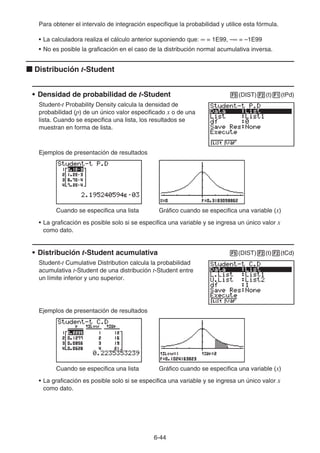 6-44
Para obtener el intervalo de integración especifique la probabilidad y utilice esta fórmula.
• La calculadora realiza el cálculo anterior suponiendo que: ∞ = 1E99, –∞ = –1E99
• No es posible la graficación en el caso de la distribución normal acumulativa inversa.
k Distribución t-Student
• Densidad de probabilidad de t-Student 5(DIST)2(t)1(tPd)
Student-t Probability Density calcula la densidad de
probabilidad (p) de un único valor especificado x o de una
lista. Cuando se especifica una lista, los resultados se
muestran en forma de lista.
Ejemplos de presentación de resultados
Cuando se especifica una lista Gráfico cuando se especifica una variable (x)
• La graficación es posible solo si se especifica una variable y se ingresa un único valor x
como dato.
• Distribución t-Student acumulativa 5(DIST)2(t)2(tCd)
Student-t Cumulative Distribution calcula la probabilidad
acumulativa t-Student de una distribución t-Student entre
un límite inferior y uno superior.
Ejemplos de presentación de resultados
Cuando se especifica una lista Gráfico cuando se especifica una variable (x)
• La graficación es posible solo si se especifica una variable y se ingresa un único valor x
como dato.
 
