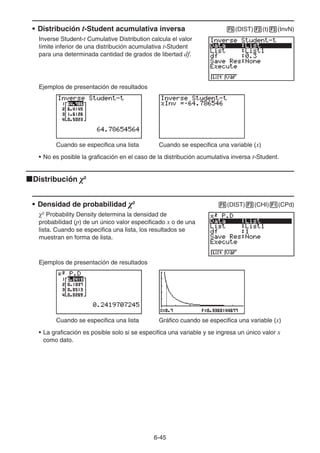 6-45
• Distribución t-Student acumulativa inversa 5(DIST)2(t)3(InvN)
Inverse Student-t Cumulative Distribution calcula el valor
límite inferior de una distribución acumulativa t-Student
para una determinada cantidad de grados de libertad df.
Ejemplos de presentación de resultados
Cuando se especifica una lista Cuando se especifica una variable (x)
• No es posible la graficación en el caso de la distribución acumulativa inversa t-Student.
kDistribución 2
• Densidad de probabilidad 2
5(DIST)3(CHI)1(CPd)
2
Probability Density determina la densidad de
probabilidad (p) de un único valor especificado x o de una
lista. Cuando se especifica una lista, los resultados se
muestran en forma de lista.
Ejemplos de presentación de resultados
Cuando se especifica una lista Gráfico cuando se especifica una variable (x)
• La graficación es posible solo si se especifica una variable y se ingresa un único valor x
como dato.
 