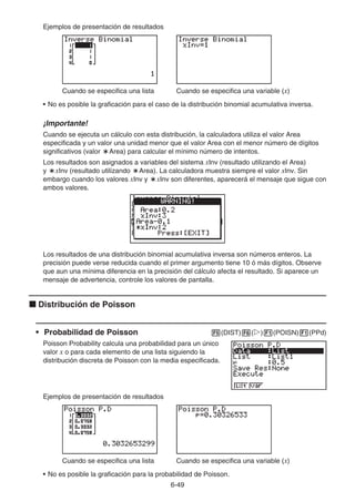 6-49
Ejemplos de presentación de resultados
Cuando se especifica una lista Cuando se especifica una variable (x)
• No es posible la graficación para el caso de la distribución binomial acumulativa inversa.
¡Importante!
Cuando se ejecuta un cálculo con esta distribución, la calculadora utiliza el valor Area
especificada y un valor una unidad menor que el valor Area con el menor número de dígitos
significativos (valor `Area) para calcular el mínimo número de intentos.
Los resultados son asignados a variables del sistema xInv (resultado utilizando el Area)
y `xInv (resultado utilizando `Area). La calculadora muestra siempre el valor xInv. Sin
embargo cuando los valores xInv y `xInv son diferentes, aparecerá el mensaje que sigue con
ambos valores.
Los resultados de una distribución binomial acumulativa inversa son números enteros. La
precisión puede verse reducida cuando el primer argumento tiene 10 ó más dígitos. Observe
que aun una mínima diferencia en la precisión del cálculo afecta el resultado. Si aparece un
mensaje de advertencia, controle los valores de pantalla.
k Distribución de Poisson
• Probabilidad de Poisson 5(DIST)6(g)1(POISN)1(PPd)
Poisson Probability calcula una probabilidad para un único
valor x o para cada elemento de una lista siguiendo la
distribución discreta de Poisson con la media especificada.
Ejemplos de presentación de resultados
Cuando se especifica una lista Cuando se especifica una variable (x)
• No es posible la graficación para la probabilidad de Poisson.
 