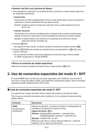 9-13
u Insertar una fila o una columna en blanco
1. Para especificar la ubicación y la cantidad de filas o columnas a insertar realice alguna de
las siguientes operaciones.
• Insertar filas
Posiciónese en la fila inmediatamente inferior a la fila donde desea realizar la inserción y
seleccione la misma cantidad de filas que desea insertar.
Ejemplo: Si desea insertar tres filas por arriba de la fila 2, puede seleccionar A2:A4,
B2:C4, etc.
• Insertar columnas
Posiciónese en la columna inmediatamente a la derecha de la columna donde desea
realizar la inserción y seleccione la misma cantidad de columnas que desea insertar.
Ejemplo: Si desea insertar tres columnas a la izquierda de la columna B, puede
seleccionar B2:D4, B10:D20, etc.
2. Presione 4(INS).
• Se ingresa al modo insertar. Si desea cancelar la inserción de celdas, presione J.
3. Presione 1(ROW) para insertar la cantidad de filas correspondiente o 2(COL) para
insertar columnas.
• Si una inserción de filas o columnas traspasa los límites del rango máximo posible
A1:Z999, se generará un “Range ERROR”.
u Borrar el contenido de celdas específicas
Seleccione el rango de celdas que desea borrar y luego presione 5(CLR).
3. Uso de comandos especiales del modo S • SHT
El modo S • SHT tiene una serie de comandos especiales como CellSum(, que retornan la
suma de un rango de celdas y CellIf(, para especificar condicionales lógicos. Estos comandos
especiales pueden utilizarse dentro de fórmulas.
k Lista de comandos especiales del modo S • SHT
Las operaciones “Ingreso de teclas” tienen validez solo durante la entrada de celdas.
Todo lo que se encuentra encerrado entre corchetes ([ ]) en la sintaxis de cada comando,
puede omitirse.
Comando Descripción
CellIf(
(Condicional de
ramificación)
Retorna la expresión 1 cuando la ecuación o la desigualdad es
verdadera y la expresión 2 cuando es falsa.
Ingreso de teclas: 4(If)
Sintaxis: CellIf(igualdad, expresión 1, expresión 2[)] o
CellIf(desigualdad, expresión 1, expresión 2[)]
Ejemplo: =CellIf(A1B1, A1, B1)
Retorna el valor de A1 cuando {valor de celda A1}  {valor de
celda B1}. Si no, retorna el valor de B1.
 