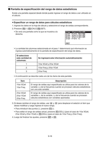 9-18
k Pantalla de especificación del rango de datos estadísticos
Existe una pantalla especial desde donde puede ingresar el rango de datos a ser utilizado en
el cálculo.
u Especificar un rango de datos para cálculos estadísticos
1. Ingrese los datos en la hoja de cálculo y seleccione el rango de celdas correspondiente.
2. Presione 6(g)2(CALC)6(SET).
• Se verá una pantalla como la que se muestra a la
derecha.
• La cantidad de columnas seleccionada en el paso 1 determinará qué información se
ingresa automáticamente en la pantalla de especificación del rango de datos.
Si selecciona
esta cantidad de
columnas:
Se ingresará esta información automáticamente:
1 1Var XCell y 2Var XCell
2 1Var Freq y 2Var YCell
3 2Var Freq
• A continuación se describe cada uno de los ítems de esta pantalla.
Ítem Descripción
1Var XCell
1Var Freq
El rango de celdas aquí especificado se utiliza para los valores de la
variable x y de la frecuencia cuando se procesan cálculos estadísticos
con una sola variable.
2Var XCell
2Var YCell
2Var Freq
El rango de celdas aquí especificado se utiliza para los valores de la
variables x, de la variable y y de la frecuencia cuando se procesan
cálculos estadísticos con variables apareadas.
3. Si desea cambiar el rango de celdas, use f y c para desplazar el selector al ítem que
desea modificar y luego ingrese el nuevo rango.
• Para introducir dos puntos (:), presione 1(:).
• Para editar el rango de celdas actual, presione 1(CELL) (para el caso de 1Var XCell,
2Var XCell y 2Var YCell) o 2(CELL) (para el caso de 1Var Freq y 2Var Freq).
4. Luego de finalizar los ajustes, presione J o w.
 