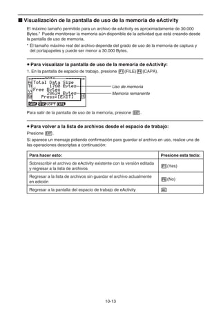 10-13
k Visualización de la pantalla de uso de la memoria de eActivity
El máximo tamaño permitido para un archivo de eActivity es aproximadamente de 30.000
Bytes.* Puede monitorear la memoria aún disponible de la actividad que está creando desde
la pantalla de uso de memoria.
* El tamaño máximo real del archivo depende del grado de uso de la memoria de captura y
del portapapeles y puede ser menor a 30.000 Bytes.
u Para visualizar la pantalla de uso de la memoria de eActivity:
1. En la pantalla de espacio de trabajo, presione 1(FILE)4(CAPA).
Uso de memoria
Memoria remanente
Para salir de la pantalla de uso de la memoria, presione J.
u Para volver a la lista de archivos desde el espacio de trabajo:
Presione J.
Si aparece un mensaje pidiendo confirmación para guardar el archivo en uso, realice una de
las operaciones descriptas a continuación:
Para hacer esto: Presione esta tecla:
Sobrescribir el archivo de eActivity existente con la versión editada
y regresar a la lista de archivos
1(Yes)
Regresar a la lista de archivos sin guardar el archivo actualmente
en edición
6(No)
Regresar a la pantalla del espacio de trabajo de eActivity A
 