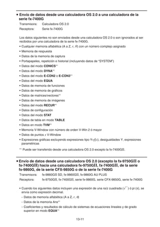 13-11
u Envío de datos desde una calculadora OS 2.0 a una calculadora de la
serie fx-7400G
Transmisora: Calculadora OS 2.0
Receptora: Serie fx-7400G
Los datos siguientes no son enviados desde una calculadora OS 2.0 o son ignorados al ser
recibidos por una calculadora de la serie fx-7400G.
• Cualquier memoria alfabética (A a Z, r, ) con un número complejo asignado
• Memoria de respuesta
• Datos de la memoria de captura
• Portapapeles, repetición e historial (incluyendo datos de “SYSTEM”)
• Datos del modo CONICS*1
• Datos del modo DYNA*1
• Datos del modo E-CON2 o E-CON3*1
• Datos del modo EQUA
• Datos de memoria de funciones
• Datos de memoria de gráficos
• Datos de matrices/vectores*1
• Datos de memoria de imágenes
• Datos del modo RECUR*1
• Datos de configuración
• Datos del modo STAT
• Datos de tabla en modo TABLE
• Datos en modo TVM*1
• Memoria V-Window con número de orden V-Win 2 ó mayor
• Datos de puntos x V-Window
• Expresiones gráficas excluyendo expresiones tipo Y=f(x), desigualdades Y, expresiones
paramétricas
*1
Puede ser transferido desde una calculadora OS 2.0 excepto la fx-7400GII.
u Envío de datos desde una calculadora OS 2.0 (excepto la fx-9750G o
fx-7400G) hacia una calculadora fx-9750G, fx-7400G, de la serie
fx-9860G, de la serie CFX-9850G o de la serie fx-7400G
Transmisora: fx-9860GII SD, fx-9860GII, fx-9860G AU PLUS
Receptora: fx-9750GII, fx-7400GII, serie fx-9860G, serie CFX-9850G, serie fx-7400G
• Cuando los siguientes datos incluyen una expresión de una raíz cuadrada (') ó pi (π), se
envía como expresión decimal.
- Datos de memoria alfabética (A a Z, r, θ)
- Datos de la memoria Ans*1
- Coeficientes y resultados de cálculo de sistemas de ecuaciones lineales y de grado
superior en modo EQUA*1
 