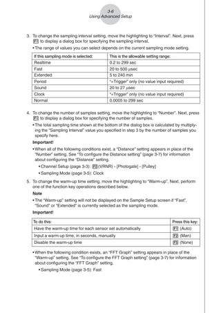 3-6
Using Advanced Setup
4. To change the number of samples setting, move the highlighting to “Number”. Next, press
1 to display a dialog box for specifying the number of samples.
• The total sampling time shown at the bottom of the dialog box is calculated by multiply-
ing the “Sampling Interval” value you specified in step 3 by the number of samples you
specify here.
Important!
• When all of the following conditions exist, a “Distance” setting appears in place of the
“Number” setting. See “To configure the Distance setting” (page 3-7) for information
about configuring the “Distance” setting.
• Channel Setup (page 3-3): 2(VRNR) - [Photogate] - [Pulley]
• Sampling Mode (page 3-5): Clock
5. To change the warm-up time setting, move the highlighting to “Warm-up”. Next, perform
one of the function key operations described below.
Note
• The “Warm-up” setting will not be displayed on the Sample Setup screen if “Fast”,
“Sound” or “Extended” is currently selected as the sampling mode.
Important!
• When the following condition exists, an “FFT Graph” setting appears in place of the
“Warm-up” setting. See “To configure the FFT Graph setting” (page 3-7) for information
about configuring the “FFT Graph” setting.
• Sampling Mode (page 3-5): Fast
To do this: Press this key:
Have the warm-up time for each sensor set automatically 1 (Auto)
Input a warm-up time, in seconds, manually 2 (Man)
Disable the warm-up time 3 (None)
3. To change the sampling interval setting, move the highlighting to “Interval”. Next, press
1 to display a dialog box for specifying the sampling interval.
• The range of values you can select depends on the current sampling mode setting.
If this sampling mode is selected: This is the allowable setting range:
Realtime 0.2 to 299 sec
Fast 20 to 500 μsec
Extended 5 to 240 min
Period “=Trigger” only (no value input required)
Sound 20 to 27 μsec
Clock “=Trigger” only (no value input required)
Normal 0.0005 to 299 sec
 