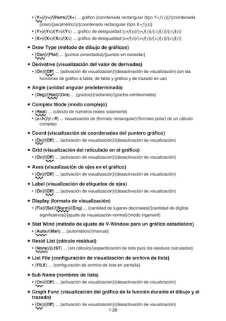1-28
• {Y=}/{r=}/{Parm}/{X=} ... gráfico {coordenada rectangular (tipo Y=f(x))}/{coordenada
polar}/{paramétrico}/{coordenada rectangular (tipo X=f(y))}
• {Y}/{Y}/{Yt}/{Ys} ... gráfico de desigualdad {yf(x)}/{yf(x)}/{y≥f(x)}/{y≤f(x)}
• {X}/{X}/{Xt}/{Xs} ... gráfico de desigualdad {xf(y)}/{xf(y)}/{x≥f(y)}/{x≤f(y)}
u Draw Type (método de dibujo de gráficos)
• {Con}/{Plot} ... {puntos conectados}/{puntos sin conectar}
u Derivative (visualización del valor de derivadas)
• {On}/{Off} ... {activación de visualización}/{desactivación de visualización} con las
funciones de gráfico a tabla, de tabla y gráfico y de trazado en uso
u Angle (unidad angular predeterminada)
• {Deg}/{Rad}/{Gra} ... {grados}/{radianes}/{grados centesimales}
u Complex Mode (modo complejo)
• {Real} ... {cálculo de números reales solamente}
• {a+bi}/{r∠} ... visualización de {formato rectangular}/{formato polar} de un cálculo
complejo
u Coord (visualización de coordenadas del puntero gráfico)
• {On}/{Off} ... {activación de visualización}/{desactivación de visualización}
u Grid (visualización del reticulado en el gráfico)
• {On}/{Off} ... {activación de visualización}/{desactivación de visualización}
u Axes (visualización de ejes en el gráfico)
• {On}/{Off} ... {activación de visualización}/{desactivación de visualización}
u Label (visualización de etiquetas de ejes)
• {On}/{Off} ... {activación de visualización}/{desactivación de visualización}
u Display (formato de visualización)
• {Fix}/{Sci}/{Norm}/{Eng} ... {cantidad de lugares decimales}/{cantidad de dígitos
significativos}/{ajuste de visualización normal}/{modo ingenieril}
u Stat Wind (método de ajuste de V-Window para un gráfico estadístico)
• {Auto}/{Man} ... {automático}/{manual}
u Resid List (cálculo residual)
• {None}/{LIST} ... {sin cálculo}/{especificación de lista para los residuos calculados}
u List File (configuración de visualización de archivo de lista)
• {FILE} ... {configuración de archivo de lista en pantalla}
u Sub Name (nombres de lista)
• {On}/{Off} ... {activación de visualización}/{desactivación de visualización}
u Graph Func (visualización del gráfico de la función durante el dibujo y el
trazado)
• {On}/{Off} ... {activación de visualización}/{desactivación de visualización}
 