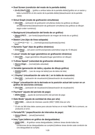 1-29
u Dual Screen (condición del modo de la pantalla doble)
• {G+G}/{GtoT}/{Off} ... {gráfico a ambos lados de la pantalla doble}/{gráfico en un sector y
tabla numérica en el otro sector de la pantalla doble}/{desactivación de la pantalla
doble}
u Simul Graph (modo de graficación simultánea)
• {On}/{Off} ... {activación de graficación simultánea (todos los gráficos se dibujan
simultáneamente)}/{desactivación de graficación simultánea (los gráficos se dibujan
según orden numérico)}
u Background (visualización del fondo de un gráfico)
• {None}/{PICT} ... {sin fondo}/{especificación de imagen de fondo de un gráfico}
u Sketch Line (tipo de línea solapada)
• { }/{ }/{ }/{ } ... {normal}/{gruesa}/{quebrada}/{puntos}
u Dynamic Type* (tipo de gráfico dinámico)
• {Cnt}/{Stop} ... {sin parar (continuo)}/{parada automática luego de 10 dibujos}
u Locus* (modo de lugar geométrico en graficación dinámica)
• {On}/{Off} ... {lugar geométrico dibujado}/{lugar geométrico sin dibujar}
u Y=Draw Speed* (velocidad de graficación dinámica)
• {Norm}/{High} ... {normal}/{alta velocidad}
u Variable (generación de tabla y ajustes de dibujo gráfico)
• {RANG}/{LIST} ... {uso de rango de tabla}/{uso de datos de lista}
u Σ Display* (visualización de valor de Σ en la tabla de recursión)
• {On}/{Off} ... {activación de visualización}/{desactivación de visualización}
u Slope* (visualización de la derivada en la posición actual del cursor en un
gráfico de secciones cónicas)
• {On}/{Off} ... {activación de visualización}/{desactivación de visualización}
u Payment* (ajuste del período de pago)
• {BGN}/{END} ... ajuste de {comienzo}/{fin} del período de pago
u Date Mode* (ajuste de cantidad de días por año)
• {365}/{360} ... cálculo de intereses usando {365}*1
/{360} días por año
*1
El año de 365 días debe usarse para calcular fechas en el modo TVM. De lo contrario, se
producirá un error.
u Periods/YR.* (especificación de intervalos de pago)
• {Annu}/{Semi} ... {anual}/{semestral}
u Ineq Type (relleno en gráfico de desigualdades)
• {AND}/{OR} ... Al graficar varias desigualdades, {rellenar áreas donde todas las
condiciones de las desigualdades se cumplen}/{rellenar áreas donde cada condición de
una desigualdad se cumple}
 