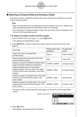 k Selecting an Analysis Mode and Drawing a Graph
This section contains a detailed procedure that covers all steps from selecting an analysis
mode to drawing a graph.
Note
• Step 4 through step 6 are not essential and may be skipped, if you want. Skipping any
step automatically applies the initial default values for its settings.
• If you skip step 2, the default analysis mode is the one whose name is displayed in the
top line of the Graph Mode screen.
u
u
u
u
u To select an analysis mode and draw a graph
1. On the E-CON2 main menu (page 1-1), press 5(GRPH).
• This displays the Graph Mode screen.
2. Press 3(MODE), and then select the analysis mode you want from the menu that
appears.
• The name of the currently selected mode appears in the top line of the Graph Mode
screen.
10-2
Using the Graph Analysis Tools to Graph Data
Analysis mode name
3. Press 2(DATA).
• This displays the Sampling Data List screen.
Graph three sets of sampled data
simultaneously
[Norm]
Perform this menu
operation:
To do this:
To select this
mode:
Graph Analysis
Graph sampled data along with its first and
second derivative graph
[diff] d/dt  d2
/dt2
Display the graphs of different sampled data in
upper and lower windows for comparison
[CMPR]/[GRPH] Compare Graph
Output sampled data from the speaker,
displaying graph of the raw data in the upper
window and the output waveform in the lower
window
[CMPR]/[Snd] Compare Sound
Display the graph of sampled data in the upper
window and its first derivative graph in the
lower window
[CMPR]/[d/dt] Compare d/dt
Display the graph of sampled data in the upper
window and its second derivative graph in the
lower window
[CMPR]/[d2
/dt2
] Compare d2
/dt2
 