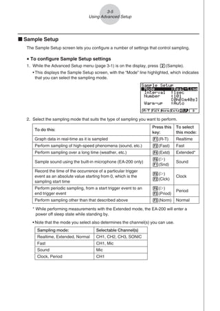 k Sample Setup
The Sample Setup screen lets you configure a number of settings that control sampling.
u To configure Sample Setup settings
1. While the Advanced Setup menu (page 3-1) is on the display, press c(Sample).
• This displays the Sample Setup screen, with the “Mode” line highlighted, which indicates
that you can select the sampling mode.
2. Select the sampling mode that suits the type of sampling you want to perform.
To do this:
Press this
key:
To select
this mode:
Graph data in real-time as it is sampled 1(R-T) Realtime
Perform sampling of high-speed phenomena (sound, etc.) 2(Fast) Fast
Perform sampling over a long time (weather, etc.) 4(Extd) Extended*
Sample sound using the built-in microphone (EA-200 only)
6(g)
1(Snd)
Sound
Record the time of the occurrence of a particular trigger
event as an absolute value starting from 0, which is the
sampling start time
6(g)
2(Clck)
Clock
Perform periodic sampling, from a start trigger event to an
end trigger event
6(g)
3(Priod)
Period
Perform sampling other than that described above 3(Norm) Normal
* While performing measurements with the Extended mode, the EA-200 will enter a
power off sleep state while standing by.
• Note that the mode you select also determines the channel(s) you can use.
Sampling mode: Selectable Channel(s)
Realtime, Extended, Normal CH1, CH2, CH3, SONIC
Fast CH1, Mic
Sound Mic
Clock, Period CH1
3-5
Using Advanced Setup
 