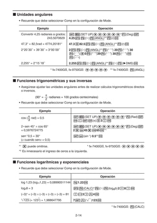 2-14
k Unidades angulares
• Recuerde que debe seleccionar Comp en la configuración de Mode.
Ejemplo Operación
Convertir 4,25 radianes a grados:
243,5070629
!m(SET UP)cccccc*1(Deg)J
4.25K6(g)5(ANGL)**2(r)w
47,3° + 82,5rad = 4774,20181° 47.3+82.5K6(g)5(ANGL)**2(r)w
2°20´30˝ + 39´30˝ = 3°00´00˝ 2K6(g)5(ANGL)**4(° ’ ”) 204(° ’ ”) 30
4(° ’ ”)+04(° ’ ”)394(° ’ ”) 304(° ’ ”)w
5(° ’ ”)
2,255° = 2°15´18˝ 2.255K6(g)5(ANGL)**6(g)3('DMS)w
* fx-7400GII, fx-9750GII: ccccc ** fx-7400GII: 4(ANGL)
k Funciones trigonométricas y sus inversas
• Asegúrese ajustar las unidades angulares antes de realizar cálculos trigonométricos directos
o inversos.
• Recuerde que debe seleccionar Comp en la configuración de Mode.
Ejemplo Operación
cos ( π
3
rad) = 0,5 !m(SET UP)cccccc*2(Rad)J
c(!E(π)/3)w
2 • sen 45° × cos 65°
= 0,5976724775
!m(SET UP)cccccc*1(Deg)J
2*s45*c65w*1
sen–1
0,5 = 30°
(x cuando senx = 0,5)
!s(sin–1
) 0.5*2
w
*1
* puede omitirse. * fx-7400GII, fx-9750GII: ccccc
*2
Es innecesario el ingreso de ceros a la izquierda.
k Funciones logarítmicas y exponenciales
• Recuerde que debe seleccionar Comp en la configuración de Mode.
Ejemplo Operación
log 1,23 (log101,23) = 0,08990511144 l1.23w
log28 = 3 K4(CALC)*6(g)4(logab)2,8)w
(–3)4
= (–3) × (–3) × (–3) × (–3) = 81 (-3)M4w
7
123 (= 123
1
7) = 1,988647795 7!M(x
')123w
* fx-7400GII: 3(CALC)
(90° = radianes = 100 grados centecimales)
π
2
(90° = radianes = 100 grados centecimales)
π
2
 