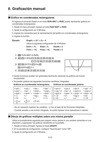 5-1313
6. Graficación manual
Gráfico en coordenadas rectangulares
Si ingresa el comando Graph en el modo RUN• MAT (o RUN) puede representar gráficos en
coordenadas rectangulares.
1. Desde el menú principal, ingrese al modo RUN• MAT (o RUN) .
2. Ajuste la configuración en V-Window.
3. Ingrese los comandos para la representación del gráfico en coordenadas rectangulares.
4. Ingrese la función.
Ejemplo Graph y = 2x2
+ 3x – 4.
Utilice la siguiente configuración de V-Window:
Xmin = −5, Xmax = 5, Xscale = 2
Ymin = −10, Ymax = 10, Yscale = 5
RUN•MAT (o RUN)•MAT (o RUN)•MAT (o RUN)MAT (o RUN)MAT (o RUN)
(V-WIN)
(SKTCH) (Cls)
(GRPH) (Y=)
• Ciertas funciones pueden ser graficadas fácilmente utilizando los gráficos de función
incorporados.
• Se pueden graficar las siguientes funciones científicas integradas:
Gráficos en coordenadas rectangulares Gráficos en coordenadas polares
• sen x • cos x • tan x • sen–1
x
• cos–1
x • tan–1
x • senh x • cosh x
• tanh x • senh–1
x • cosh–1
x • tanh–1
x
• x • x2
• log x • lnx
• 10x
• ex
• x–1
• 3
x
• • •
• sen • cos • tan • sen–1
• cos–1
• tan–1
• senh • cosh
• tanh • senh–1
• cosh–1
• tanh–1
• • 2
• log • ln
• 10 • e • –1
• 3
- No es necesario ingresar las variables x y en el caso de las funciones integradas.
- Cuando acceda a una función integrada, no podrá ingresar otros operadores o valores.
Dibujo de gráficos múltiples sobre una misma pantalla
Utilice el procedimiento siguiente para asignar varios valores a una variable contenida en una
expresión y superponer los gráficos resultantes en la pantalla.
1. Desde el menú principal, ingrese al modo GRAPH.
2. En la pantalla de configuración, configure “Dual Screen” como “Off”.
3. Ajuste la configuración en V-Window.
dx
(x)d
dx
(x)d
dx2
(x)d2
dx2
(x)d2
x dxx dx
 