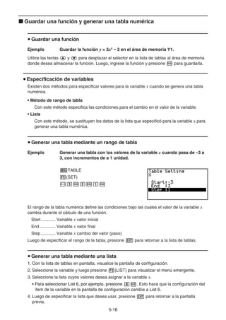 5-1616
Guardar una función y generar una tabla numérica
Guardar una función
Ejemplo Guardar la función y = 3x2
– 2 en el área de memoria Y1.
Utilice las teclas y para desplazar el selector en la lista de tablas al área de memoria
donde desea almacenar la función. Luego, ingrese la función y presione para guardarla.
Especificación de variables
Existen dos métodos para especificar valores para la variable x cuando se genera una tabla
numérica.
• Método de rango de tabla
Con este método especifica las condiciones para el cambio en el valor de la variable.
• Lista
Con este método, se sustituyen los datos de la lista que especificó para la variable x para
generar una tabla numérica.
Generar una tabla mediante un rango de tabla
Ejemplo Generar una tabla con los valores de la variable x cuando pasa de –3 a
3, con incrementos de a 1 unidad.
TABLE
(SET)
El rango de la tabla numérica define las condiciones bajo las cuales el valor de la variable x
cambia durante el cálculo de una función.
Start ............ Variable x valor inicial
End ............. Variable x valor final
Step ............ Variable x cambio del valor (paso)
Luego de especificar el rango de la tabla, presione para retornar a la lista de tablas.
Generar una tabla mediante una lista
1. Con la lista de tablas en pantalla, visualice la pantalla de configuración.
2. Seleccione la variable y luego presione (LIST) para visualizar el menú emergente.
3. Seleccione la lista cuyos valores desea asignar a la variable x.
• Para seleccionar List 6, por ejemplo, presionePara seleccionar List 6, por ejemplo, presionePara seleccionar List 6, por ejemplo, presione . Esto hace que la configuración del
ítem de la variable en la pantalla de configuración cambie a List 6.
4. Luego de especificar la lista que desea usar, presione para retornar a la pantalla
previa.
 