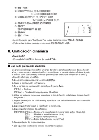 5-2020
TABLE
(V-WIN)
(SET UP) * (T+G)
*fx-7400GⅡ, fx-9750GⅡ:
(TYPE) (Y=)
(SET)
(TABL)
(G • CON)
• La configuración para “Dual Screen” se realiza desde los modos TABLE y RECUR.
• Podrá activar la tabla numérica presionando (CHNG) o .
8. Graficación dinámica
¡Importante!
• El modelo fx-7400GⅡ no dispone del modo DYNA.
Uso de la graficación dinámica
Un gráfico dinámico permite definir un rango de valores para los coeficientes de una función
y luego observar cómo afectan al gráfico los cambios en el valor de algún coeficiente. Ayuda
a analizar cómo coeficientes y términos que componen una función influyen en la forma y
ubicación relativa de un gráfico.
1. Desde el menú principal, ingrese al modo DYNA.
2. Ajuste la configuración en V-Window.
3. En la pantalla de configuración, especifique Dynamic Type.
(Cnt) ... Continuo
(Stop) ... Parada automática luego de 10 gráficos
4. Utilice las teclas de cursor para seleccionar el tipo de función en la lista de tipos de función
integradas.*1
5. Ingrese valores para los coeficientes y especifique cuál de los coeficientes será la variable
dinámica.*2
6. Especifique el valor inicial, el valor final y el incremento.
7. Especifique la velocidad de graficación.
(SPEED) ( ).... Realiza una pausa luego de mostrar cada gráfico (Stop&Go)
( )...... Mitad de la velocidad normal (Slow)
( )...... Velocidad normal (Normal)
( )..... Doble de la velocidad normal (Fast)
8. Representación del gráfico dinámico.
*1
Los siguientes son los siete tipos de funciones integradas:
 