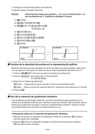5-2222
7. Configure la velocidad del gráfico como Normal.
8. Representación del gráfico dinámico.
Ejemplo Utilice Dynamic Graph para graficar y = Ax, con A variando entre 1 y 4
con incrementos de 1. El gráfico es dibujado 10 veces.
DYNA
(V-WIN) (INIT)
(SET UP) * (On)
*fx-9750GⅡ:
(B-IN) (SEL)
(VAR)
(SET)
(SPEED) ( )
(DYNA)
Cambio de la densidad de puntos en la representación gráfica
Mediante esta opción puede representar el eje X con todos los puntos posibles o alternando
uno de cada dos. Este ajuste es válido solo en el modo de graficación Dynamic Func Y=.
1. Presione (SET UP) para visualizar la pantalla de configuración.
2. Presione * para seleccionar “Y=Draw Speed”.
*fx-9750GⅡ:
3. Seleccione el método de graficación.
(Norm) … Dibuja todo los puntos del eje X. (valor inicial predeterminado)
(High) … Dibuja un punto de cada dos del eje X. (graficación más rápida que lo normal)
4. Presione .
Uso de la memoria de graficación dinámica
Las condiciones de graficación dinámica y los datos de pantalla pueden guardarse en la
memoria de graficación dinámica para utilizarlos cuando los necesite. Esto le permite ahorrar
tiempo pues puede abrir los datos y comenzar inmediatamente a graficar. Tenga en cuenta
que puede almacenar en memoria un juego de datos por vez.
Almacenar datos en la memoria de graficación dinámica
1. Mientras se ejecuta una operación de graficación dinámica, al presionar accede al
menú de ajuste de la velocidad.
2. Presione (STO). En respuesta al diálogo de confirmación que aparece, presione
(Yes) para guardar los datos.
····
····
····
····
 