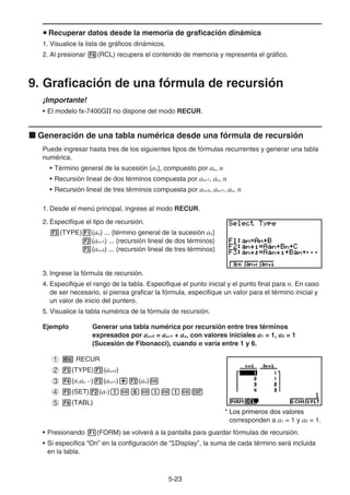 5-2323
Recuperar datos desde la memoria de graficación dinámica
1. Visualice la lista de gráficos dinámicos.
2. Al presionar (RCL) recupera el contenido de memoria y representa el gráfico.
9. Graficación de una fórmula de recursión
¡Importante!
• El modelo fx-7400GⅡ no dispone del modo RECUR.
Generación de una tabla numérica desde una fórmula de recursión
Puede ingresar hasta tres de los siguientes tipos de fórmulas recurrentes y generar una tabla
numérica.
• Término general de la sucesión {an}, compuesto por an, n
• Recursión lineal de dos términos compuesta por an+1, an, n
• Recursión lineal de tres términos compuesta por an+2, an+1, an, n
1. Desde el menú principal, ingrese al modo RECUR.
2. Especifique el tipo de recursión.
(TYPE) (an) ... {término general de la sucesión an}
(an+1) ... {recursión lineal de dos términos}
(an+2) ... {recursión lineal de tres términos}
3. Ingrese la fórmula de recursión.
4. Especifique el rango de la tabla. Especifique el punto inicial y el punto final para n. En caso
de ser necesario, si piensa graficar la fórmula, especifique un valor para el término inicial y
un valor de inicio del puntero.
5. Visualice la tabla numérica de la fórmula de recursión.
Ejemplo Generar una tabla numérica por recursión entre tres términos
expresados por an+2 = an+1 + an, con valores iniciales a1 = 1, a2 = 1
(Sucesión de Fibonacci), cuando n varía entre 1 y 6.
RECUR
(TYPE) (an+2)
(n.an ··) (an+1) (an)
(SET) (a1)
(TABL)
* Los primeros dos valoresLos primeros dos valoresLos primeros dos valores
corresponden a a1 = 1 y a2 = 1.
• Presionando (FORM) se volverá a la pantalla para guardar fórmulas de recursión.
• Si especifica “On” en la configuración de “ Display”, la suma de cada término será incluida
en la tabla.
 