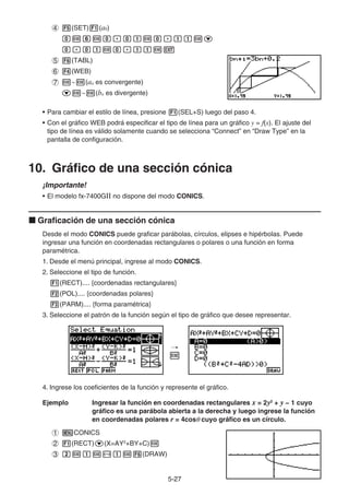 5-2727
(SET) (a0)
(TABL)
(WEB)
~ (an es convergente)
~ (bn es divergente)
• Para cambiar el estilo de línea, presione (SEL+S) luego del paso 4.
• Con el gráfico WEB podrá especificar el tipo de línea para un gráfico y = f(x). El ajuste del
tipo de línea es válido solamente cuando se selecciona “Connect” en “Draw Type” en la
pantalla de configuración.
10. Gráfico de una sección cónica
¡Importante!
• El modelo fx-7400GⅡ no dispone del modo CONICS.
Graficación de una sección cónica
Desde el modo CONICS puede graficar parábolas, círculos, elipses e hipérbolas. Puede
ingresar una función en coordenadas rectangulares o polares o una función en forma
paramétrica.
1. Desde el menú principal, ingrese al modo CONICS.
2. Seleccione el tipo de función.
(RECT).... {coordenadas rectangulares}
(POL).... {coordenadas polares}
(PARM).... {forma paramétrica}
3. Seleccione el patrón de la función según el tipo de gráfico que desee representar.
4. Ingrese los coeficientes de la función y represente el gráfico.
Ejemplo Ingresar la función en coordenadas rectangulares x = 2y2
+ y − 1 cuyo
gráfico es una parábola abierta a la derecha y luego ingrese la función
en coordenadas polares r = 4cos cuyo gráfico es un círculo.
CONICS
(RECT) (X=AY2
+BY+C)
(DRAW)
 