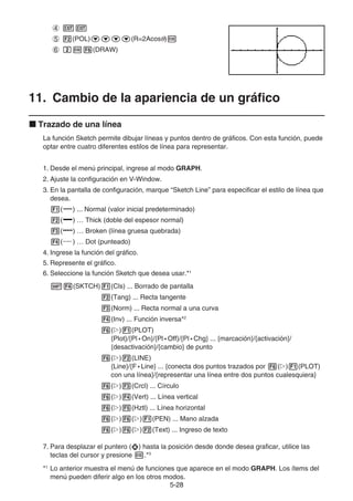 5-2828
(POL) (R=2Acos )
(DRAW)
11. Cambio de la apariencia de un gráfico
Trazado de una línea
La función Sketch permite dibujar líneas y puntos dentro de gráficos. Con esta función, puede
optar entre cuatro diferentes estilos de línea para representar.
1. Desde el menú principal, ingrese al modo GRAPH.
2. Ajuste la configuración en V-Window.
3. En la pantalla de configuración, marque “Sketch Line” para especificar el estilo de línea que
desea.
( ) ... Normal (valor inicial predeterminado)
( ) … Thick (doble del espesor normal)
( ) … Broken (línea gruesa quebrada)
( ) … Dot (punteado)
4. Ingrese la función del gráfico.
5. Represente el gráfico.
6. Seleccione la función Sketch que desea usar.*1
(SKTCH) (Cls) ... Borrado de pantalla
(Tang) ... Recta tangente
(Norm) ... Recta normal a una curva
(Inv) ... Función inversa*2
( ) (PLOT)
{Plot}/{Pl • On}/{Pl • Off}/{Pl • Chg} ... {marcación}/{activación}/
{desactivación}/{cambio} de punto
( ) (LINE)
{Line}/{F • Line} ... {conecta dos puntos trazados por ( ) (PLOT)
con una línea}/{representar una línea entre dos puntos cualesquiera}
( ) (Crcl) ... Círculo
( ) (Vert) ... Línea vertical
( ) (Hztl) ... Línea horizontal
( ) ( ) (PEN) ... Mano alzada
( ) ( ) (Text) ... Ingreso de texto
7. Para desplazar el puntero ( ) hasta la posición desde donde desea graficar, utilice las
teclas del cursor y presione .*3
*1
Lo anterior muestra el menú de funciones que aparece en el modo GRAPH. Los ítems del
menú pueden diferir algo en los otros modos.
 