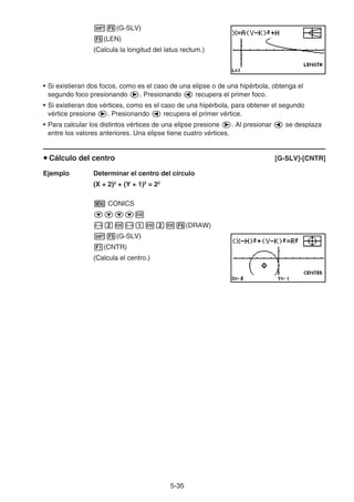5-3535
(G-SLV)
(LEN)
(Calcula la longitud del latus rectum.)
• Si existieran dos focos, como es el caso de una elipse o de una hipérbola, obtenga el
segundo foco presionando . Presionando recupera el primer foco.
• Si existieran dos vértices, como es el caso de una hipérbola, para obtener el segundo
vértice presione . Presionando recupera el primer vértice.
• Para calcular los distintos vértices de una elipse presione . Al presionar se desplaza
entre los valores anteriores. Una elipse tiene cuatro vértices.
Cálculo del centro [G-SLV]-[CNTR]
Ejemplo Determinar el centro del círculo
(X + 2)2
+ (Y + 1)2
= 22
CONICS
(DRAW)
(G-SLV)
(CNTR)
(Calcula el centro.)
 
