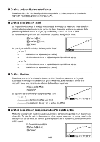 6-1111
Grafico de los cálculos estadísticos
Con el resultado del cálculo del parámetro en pantalla, podrá representar la fórmula de
regresión visualizada, presionando (DRAW).
Gráfico de regresión lineal
La regresión lineal utiliza el método de cuadrados mínimos para trazar una línea recta que
minimiza la distancia al conjunto de puntos de datos disponible y retorna los valores de la
pendiente y de la ordenada al origen y (coordenada y cuando x = 0) de la recta.
La representación gráfica de esta relación es un gráfico de regresión lineal:
(CALC) (X)
(ax+b) o (a+bx)
(DRAW)
La que sigue es la fórmula tipo de la regresión lineal:
y = ax + b
a .............coeficiente de regresión (pendiente)
b .............término constante de la regresión (interceptación de eje y)
y = a + bx
a .............término constante de la regresión (interceptación de eje y)
b .............coeficiente de regresión (pendiente)
Gráfico Med-Med
Cuando se sospecha la existencia de una cantidad de valores extremos, en lugar de
cuadrados mínimos puede utilizarse un gráfico Med-Med. Este método es similar a la
regresión lineal pero minimiza los efectos de los valores extremos.
(CALC) (Med)
(DRAW)
La siguiente es la fórmula tipo del gráfico Med-Med:
y = ax + b
a..............pendiente del gráfico Med-Med
b..............interceptación de eje y en el gráfico Med-Med
Gráfico de regresión cuadrática/cúbica/de cuarto orden
Mediante una regresión cuadrática/cúbica/cuártica se conectan los puntos de un diagrama de
dispersión. Se vale del método de cuadrados mínimos para trazar una curva que pasa lo más
cerca posible de los datos. La fórmula que la representa es la regresión cuadrática/cúbica/de
orden cuatro.
Ej. Regresión cuadrática
(CALC) (X^2)
(DRAW)
 