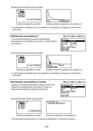 6-4444
Ejemplos de presentación de resultados
Cuando se especifica una lista Gráfico cuando se especifica una variable (x)
• La graficación es posible solo si se especifica una variable y se ingresa un único valor x
como dato.
• Distribución acumulativa χ2
(DIST) (CHI) (CCd)
χ2
Cumulative Distribution calcula la probabilidad
acumulativa de una distribución χ2
entre un límite inferior y
uno superior.
Ejemplos de presentación de resultados
Cuando se especifica una lista Gráfico cuando se especifica una variable (x)
• La graficación es posible solo si se especifica una variable y se ingresa un único valor x
como dato.
• Distribución acumulativa χ2
inversa (DIST) (CHI) (InvC)
Inverse χ2
Cumulative Distribution calcula el valor límite
inferior de una distribución acumulativa χ2
para una
determinada cantidad de grados de libertad df.
Ejemplos de presentación de resultados
Cuando se especifica una lista Cuando se especifica una variable (x)
• No es posible la graficación en el caso de la distribución χ2
acumulativa inversa.
 