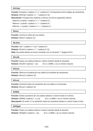 8-2020
StrCmp(
Función: Compara “<cadena 1>” y “<cadena 2>” (comparación entre códigos de caracteres).
Sintaxis: StrCmp("<cadena 1>", "<cadena 2>"[)]
Descripción: Compara dos cadenas y retorna uno de los siguientes valores.
Retorna 0 cuando “<cadena 1>” = “<cadena 2>”.
Retorna 1 cuando “<cadena 1>” > “<cadena 2>”.
Retorna –1 cuando “<cadena 1>” < “<cadena 2>”.
Strlnv(
Función: Invierte el orden de una cadena.
Sintaxis: StrInv("<cadena>"[)]
StrJoin(
Función: Une “<cadena 1>” con “<cadena 2>”.
Sintaxis: StrJoin("<cadena 1>", "<cadena 2>"[)]
Nota: Se puede obtener el mismo resultado con el comando “+” (página 8-21).
StrLeft(
Función: Copia una cadena hasta el n-ésimo carácter desde la izquierda.
Sintaxis: StrLeft("<cadena>", n[)] (0 n 9999, n es un número natural)
StrLen(
Función: Retorna la longitud de una cadena (la cantidad de caracteres).
Sintaxis: StrLen("<cadena>"[)]
StrLwr(
Función: Convierte todos los caracteres de una cadena a minúsculas.
Sintaxis: StrLwr("<cadena>"[)]
StrMid(
Función: Extrae caracteres de una cadena desde el n-ésimo hasta el m-ésimo.
Sintaxis: StrMid("<cadena>", n [,m)] (0 n 9999, n es un número natural)
Descripción: Si omite “m” se extraerán todos los caracteres desde el n-ésimo hasta el final.
StrRight(
Función: Copia una cadena hasta el n-ésimo carácter desde la derecha.
Sintaxis: StrRight("<cadena>", n[)] (0 n 9999, n es un número natural)
 