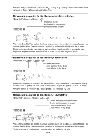 8-2828
• Al mismo tiempo, los valores calculados de p, ZLow y ZUp se asignan respectivamente a las
variables p, ZLow y ZUp y p es asignada a Ans.
• Representar un gráfico de distribución acumulativa t-Student
DrawDistT <Lower>, <Upper>, <df>
Grados de libertad
Límite superior de los datos
Límite inferior de los datos
• Al ejecutar DrawDistT se realiza el cálculo anterior según las condiciones especificadas y se
representa el gráfico. En este punto se completa la región del gráfico Lower x Upper.
• Al mismo tiempo, el valor calculado de p y los valores de entrada inferior y superior son
asignados respectivamente a las variables p, tLow, y tUp y p es asignada a Ans.
• Representar un gráfico de distribución χ2
acumulativa
DrawDistChi <Lower>, <Upper>, <df>
Grados de libertad
Límite superior de los datos
Límite inferior de los datos
• Al ejecutar DrawDistChi se realiza el cálculo anterior según las condiciones especificadas y
se representa el gráfico. En este punto se completa la región del gráfico Lower x Upper.
• Al mismo tiempo el resultado de p es asignado a las variables p y Ans.
• Representar un gráfico de distribución F acumulativa
DrawDistF <Lower>, <Upper>, <ndf>, <ddf>
Grados de libertad del denominador
Grados de libertad del numerador
Límite superior de los datos
Límite inferior de los datos
• Al ejecutar DrawDistF se realiza el cálculo anterior según las condiciones especificadas y se
representa el gráfico. En este punto se completa la región del gráfico Lower x Upper.
• Al mismo tiempo el resultado de p es asignado a las variables p y Ans.
tLow = Lower tUp = Upper
2
df + 1
df
x2
1 +
df + 1
2
p =
–
2
df
dx
df
Upper
Lower
tLow = Lower tUp = Upper
2
df + 1
df
x2
1 +
df + 1
2
p =
–
2
df
dx
df
Upper
Lower
1
p =
2
df
df
2
df
2
2
1
dxx
– 1
x
2
e
–
Upper
Lower
1
p =
2
df
df
2
df
2
2
1
dxx
– 1
x
2
e
–
Upper
Lower
ndf
2
ndf
2
p =
–
2
ndf + ddf
2
ndf
2
ddf ddf
ndf
ndf + ddf
2
ddf
ndf x
dxx
– 1
1 +
Upper
Lower
ndf
2
ndf
2
p =
–
2
ndf + ddf
2
ndf
2
ddf ddf
ndf
ndf + ddf
2
ddf
ndf x
dxx
– 1
1 +
Upper
Lower
 