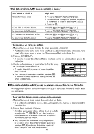 9-55
Uso del comando JUMP para desplazar el cursor
Para mover el cursor a: Haga esto:
Una determinada celda 1. Presione (EDIT) (JUMP) (GO).
2. En el cuadro de diálogo que aparece, introduzca
el nombre de la celda de destino (A1 a Z999).
3. Presione .
La fila 1 de la columna actual Presione (EDIT) (JUMP) (TOP ).
La columna A de la fila actual Presione (EDIT) (JUMP) (TOP ).
La última fila de la columna actual Presione (EDIT) (JUMP) (BOT ).
La columna Z de la fila actual Presione (EDIT) (JUMP) (BOT ).
Seleccionar un rango de celdas
1. Mueva el cursor a la celda de inicio del rango que desea seleccionar.
• Puede seleccionar como punto inicial una fila o una columna completa, si lo desea. Para
mayor información sobre el tema, vea “Seleccionar celdas” en la página 9-4.
2. Presione (CLIP).
• Al hacerlo, el cursor de celda modifica su resaltado normal por un recuadrado grueso de
los bordes.
3. Con las teclas desplace el cursor al punto final del rango
de celdas que desea seleccionar.
• El cuadro de edición mostrará el rango de celdas
seleccionadas.
• Para cancelar la selección de celdas, presione .
Al hacerlo, el cursor se ubicará en el punto final del
rango seleccionado.
Conceptos básicos del ingreso de datos: constantes, texto, fórmulas
Veamos primero algunos procedimientos básicos que se aplican sin importar el tipo de datos
que se ingresa.
Sobrescribir datos en una celda con datos nuevos
1. Mueva el cursor a la celda en que desea introducir los datos.
• Si la celda seleccionada ya contiene datos, al ingresarse los nuevos, se escribirán sobre
los existentes.
2. Ingrese datos mediante el teclado.
• A medida que ingresa valores o texto desde el teclado
(por ejemplo, , (B), etc.), los caracteres
correspondientes aparecerán alineados a izquierda
dentro del cuadro de edición.
• Para cancelar una entrada en cualquier punto de
la operación antes de avanzar al paso 3 que sigue,
presione . El contenido de la celda volverá al
estado del paso 1 de este procedimiento.
 