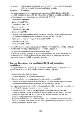 13-8
Transmisora: fx-9860GII SD, fx-9860GII, fx-9860G AU PLUS, fx-9750GII, fx-9860G SD
(OS 2.0), fx-9860G (OS 2.0), fx-9860G AU (OS 2.0)
Receptora: fx-7400GII
• Los siguientes datos no son enviados desde los modelos fx-9860GII SD, fx-9860GII,
fx-9860G AU PLUS, fx-9860G SD (OS 2.0), fx-9860G (OS 2.0), fx-9860G AU (OS 2.0) o son
ignorados cuando son recibidos por una calculadora fx-7400GII.
- Datos del modo CONICS
- Datos del modo DYNA
- Datos del modo E-CON2
- Datos de matrices
- Datos del modo RECUR
- Datos del modo TVM
- Datos de variables y funciones del modo STAT de los cuales no haya equivalentes en la
calculadora fx-7400GII (Ejemplo: resultados de una prueba Ƶ2
GOF, etc.)
- Portapapeles e historial (incluyendo datos de SYSTEM)
- Datos del modo e • ACT*1
- Datos del modo S • SHT*1
*1
Puede transferirse desde una calculadora fx-9860GII SD, fx-9860GII, fx-9860G AU PLUS,
fx-9860G SD (OS 2.0), fx-9860G (OS 2.0) o fx-9860G AU (OS 2.0).
• Los datos de programas son transferidos tal como están.
No obstante, cualquier comando en un programa transferido que no sea compatible con
la calculadora fx-7400GII será reemplazado por el carácter @. Si ejecuta ese tipo de
programas en una fx-7400GII se producirá un error.
u Envío de datos desde una calculadora OS 2.0 a otro modelo de
calculadora
Las siguientes son reglas generales que se aplican a la transferencia de datos desde una
calculadora OS 2.0 a otra de la serie fx-9860G o de la serie CFX-9850G.
• No se transfieren los siguientes datos:
- Datos de la memoria de cadenas de caracteres
- Datos de cálculos con bonos y cálculos de depreciación en modo TVM
- Datos de variables y funciones del modo STAT de los cuales no haya equivalentes en la
calculadora receptora (Ejemplo: resultados de una prueba Ƶ2
GOF, etc.)
• Los siguientes datos son convertidos por la calculadora OS 2.0 a un formato compatible con
el modelo de la receptora previamente a ser enviados:
- Datos de configuración del modo GRAPH y de tipo de gráfico del modo DYNA.
Cuando se transfiere a una calculadora de la serie fx-9860G o de la serie CFX-9850G
expresiones del tipo X=, X>, X<, Xt ó Xs se las convierte a expresiones tipo X=c.
- Datos de configuración de gráficos de líneas.
Al enviarse estos datos a una calculadora de la serie CFX-9850G, la configuración de
líneas se convierte, antes de ser enviada, de la siguiente manera: Normal: Azul; Gruesa:
Naranja; Discontinua, Puntos: Verde.
 