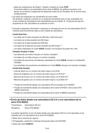 13-9
- Datos de configuración de Graph1, Graph2 y Graph3 en modo STAT
Al enviarse datos a una calculadora de la serie fx-9860G, los gráficos circulares y de
barras se convierten a diagramas de dispersión antes de ser enviados. No se envían otras
configuraciones.
• Los datos de programas son transferidos tal como están.
No obstante, cualquier comando en un programa transferido que no sea compatible con
el otro modelo de calculadora será reemplazado por el carácter @. Si ejecuta ese tipo de
programas en otra calculadora se producirá un error.
• Consulte la siguiente información si aparece un mensaje de error en una calculadora OS 2.0
mientras está transfiriendo datos a otro modelo de calculadora.
Invalid Data Size
- Los datos de la matriz exceden las 256 filas o 256 columnas*1
- Los datos de la lista exceden las 256 líneas
- Los datos de la tabla exceden las 256 filas
- Los datos de la tabla de recursión exceden las 256 líneas*1
*3
- Los datos ingresados en modo EQUA incluyen una ecuación de grado 4to a 6to.
Complex Number in Data
- Los datos de una matriz incluyen un número complejo*1
- Los datos de una lista incluyen un número complejo
- Los datos de ecuaciones simultáneas ingresados en modo EQUA incluyen un coeficiente
complejo.
- Los resultados de ecuaciones simultáneas en modo EQUA incluyen una solución compleja.
Invalid Data Number
- Lista de datos con un número de orden mayor a 6 (List 6).
- Datos de imágenes con un número de orden mayor a 6 (Pict 6)*2
- Memoria de función con un número de orden mayor a 6 (F-Mem 6)*2
- Memoria de gráfico con un número de orden mayor a 6 (G-Mem 6)*2
*1
Puede ser transferido desde una calculadora OS 2.0 excepto la fx-7400GII.
*2
Puede ser transferido desde una calculadora de la serie fx-9750G o de la serie CFX-
9850G solamente.
*3
Puede ser transferido desde una calculadora de la serie fx-9860G solamente.
u Envío de datos desde una calculadora OS 2.0 a una calculadora de la
serie CFX-9850G
Transmisora: Calculadora OS 2.0
Receptora: Serie CFX-9850G
Los datos siguientes no son enviados desde una calculadora OS 2.0 o son ignorados al ser
recibidos por una calculadora de la serie CFX-9850G.
• Datos de la memoria de captura
• Portapapeles, repetición e historial (incluyendo datos de SYSTEM)
• Datos del modo CONICS*1
 