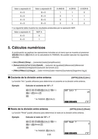 2-2020
Valor o expresión A Valor o expresión B A AND B A OR B A XOR B
A 0 B 0 1 1 0
A 0 B = 0 0 1 1
A = 0 B 0 0 1 1
A = 0 B = 0 0 0 0
• La siguiente tabla muestra los resultados producidos por la operación NOT.
Valor o expresión A NOT A
A 0 0
A = 0 1
5. Cálculos numéricos
A continuación se explican las operaciones incluidas en el menú que se muestra al presionar
(CALC) ( (CALC) en la calculadora fx-7400GII). Se pueden ejecutar los siguientes
cálculos.
• {Int÷}/{Rmdr}/{Simp} ... {cociente}/{resto}/{simplificación}
• {Solve}/{d/dx}/{d2
/dx2
}/{ dx}/{SolvN} ... {solución de igualdad}/{diferencial}/{diferencial
cuadrático}/{integración}/{solución de función f(x)}
• {FMin}/{FMax}/{ (}/{logab} ... {valor mínimo}/{valor máximo}/{sumatoria}/{logaritmo logab}
Cociente de la división entre enteros [OPTN]-[CALC]-[Int÷]
La función “Int÷” puede utilizarse para determinar el cociente en la división entre enteros.
Ejemplo Calcular el cociente de 107 ÷ 7
(CALC)* ( )
( ) (Int÷)
* fx-7400GII: (CALC)
Resto de la división entre enteros [OPTN]-[CALC]-[Rmdr]
La función “Rmdr” puede utilizarse para determinar el resto en la división entre enteros.
Ejemplo Calcular el resto de 107 ÷ 7
(CALC)* ( )
( ) (Rmdr)
* fx-7400GII: (CALC)
 