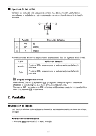 1-22
Leyendas de las teclas
Varias de las teclas de esta calculadora cumplen más de una función. Las funciones
marcadas en el teclado tienen colores asignados para encontrar rápidamente la función
deseada.
Función Operación de teclas
log
10x
B
A continuación se describe la asignación de colores usada para las leyendas de las teclas.
Color Operación de teclas
Amarillo
Presione y seguidamente la tecla para ejecutar la función
marcada.
Rojo
Presione y seguidamente la tecla para ejecutar la función
marcada.
• Bloqueo de ingreso alfabético
Normalmente, una vez que presiona y luego una tecla para ingresar un carácter
alfabético, el teclado regresa a su modo primario inmediatamente.
Si presiona y seguidamente , el teclado se bloquea en modo de ingreso alfabético
hasta que presione nuevamente.
2. Pantalla
Selección de íconos
Esta sección describe cómo ingresar al modo que desea seleccionando un ícono en el menú
principal.
Para seleccionar un ícono
1. Presione para visualizar el menú principal.
 