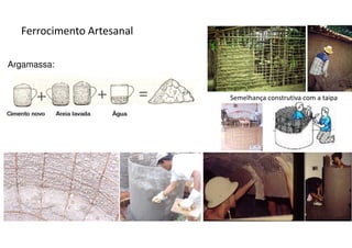 Semelhança construtiva com a taipa
Ferrocimento Artesanal
Argamassa:
 