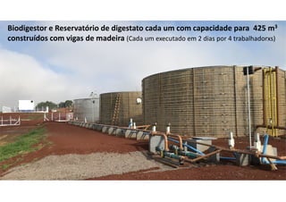 Biodigestor e Reservatório de digestato cada um com capacidade para 425 m3
construídos com vigas de madeira (Cada um executado em 2 dias por 4 trabalhadorxs)
 