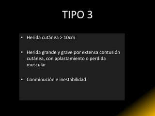 TIPO 3
• Herida cutánea > 10cm

• Herida grande y grave por extensa contusión
  cutánea, con aplastamiento o perdida
  muscular

• Conminución e inestabilidad
 