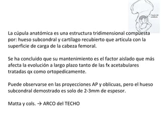 La cúpula anatómica es una estructura tridimensional compuesta
por: hueso subcondral y cartílago recubierto que articula con la
superficie de carga de la cabeza femoral.
Se ha concluido que su mantenimiento es el factor aislado que más
afecta la evolución a largo plazo tanto de las fx acetabulares
tratadas qx como ortopedicamente.
Puede observarse en las proyecciones AP y oblicuas, pero el hueso
subcondral demostrado es solo de 2-3mm de espesor.
Matta y cols. → ARCO del TECHO
 