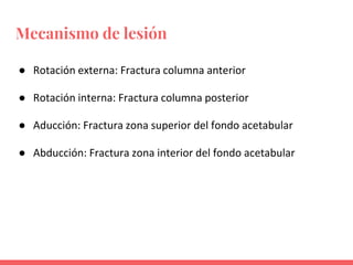 Mecanismo de lesión
● Rotación externa: Fractura columna anterior
● Rotación interna: Fractura columna posterior
● Aducción: Fractura zona superior del fondo acetabular
● Abducción: Fractura zona interior del fondo acetabular
 