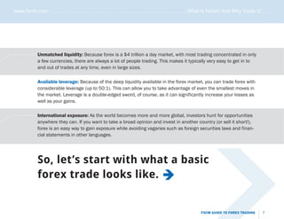 www.fxcm.com . . . . . . . . . . . . . . . . . . . . . . . . . . . . . . . . . . . . . . . . . . . . . . . . . . . . What is Forex? And Why Trade it? . . . . .




                                                                                                                                                                          .....
       .   . . . . . . . . . . . Unmatched liquidity: Because forex is a $4 trillion a day market, with most trading concentrated in only
.   ..                           a few currencies, there are always a lot of people trading. This makes it typically very easy to get in to
                                 and out of trades at any time, even in large sizes.

                           Available leverage: Because of the deep liquidity available in the forex market, you can trade forex with
                           considerable leverage (up to 50:1). This can allow you to take advantage of even the smallest moves in
                           the market. Leverage is a double-edged sword, of course, as it can significantly increase your losses as
                           well as your gains.


       .   . . . . . . . . . . . International exposure: As the world becomes more and more global, investors hunt for opportunities
.   ..                           anywhere they can. If you want to take a broad opinion and invest in another country (or sell it short!),
                                 forex is an easy way to gain exposure while avoiding vagaries such as foreign securities laws and finan-
                                 cial statements in other languages.




                           So, let’s start with what a basic
                           forex trade looks like.


                                                                                                                               FXCM GUIDE TO FOREX TRADING          7
 