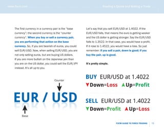 www.fxcm.com . . . . . . . . . . . . . . . . . . . . . . . . . . . . . . . . . . . . . . . . . . . . . . . . Reading a Quote and Making a Trade . . . . .




                                                                                                                                                       .....
       The first currency in a currency pair is the “base                      Let’s say that you sell EUR/USD at 1.4022. If the
       currency”; the second currency is the “counter                          EUR/USD falls, that means the euro is getting weaker
       currency”. When you buy or sell a currency pair,                        and the US dollar is getting stronger. Say the EUR/USD
       you are performing that action on the base                              falls to 1.3522. In that case, you would have a profit.
       currency. So, if you are bearish of euros, you could                    If it rose to 1.4522, you would have a loss. So just
       sell EUR/USD. Now, when selling EUR/USD, you are                        remember: if you sell a pair, down is good; if you
       not only selling euros, but are buying US dollars.                      buy the pair, up is good.
       If you are more bullish on the Japanese yen than
       you are on the US dollar, you could sell the EUR/JPY                    It’s pretty simple.
       instead. It’s all up to you.



                                               Counter
                                                                              BUY EUR/USD at 1.4022
                                                                                   Down=Loss                           Up=Profit

     EUR / USD
                                                                               ...........................................


                                                                              SELL EUR/USD at 1.4022
                                                                                   Down=Profit                            Up=Loss
              Base

                                                                                                             FXCM GUIDE TO FOREX TRADING         13
 