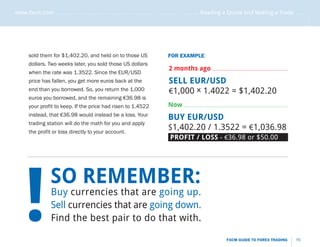 www.fxcm.com . . . . . . . . . . . . . . . . . . . . . . . . . . . . . . . . . . . . . . . . . . . . . . . . Reading a Quote and Making a Trade . . . . .




                                                                                                                                                       .....
       sold them for $1,402.20, and held on to those US                        FOR EXAMPLE:
       dollars. Two weeks later, you sold those US dollars
                                                                               2 months ago
       when the rate was 1.3522. Since the EUR/USD
       price has fallen, you get more euros back at the                        SELL EUR/USD
       end than you borrowed. So, you return the 1,000                         €1,000 x 1.4022 = $1,402.20
       euros you borrowed, and the remaining €36.98 is
       your profit to keep. If the price had risen to 1.4522                   Now
       instead, that €36.98 would instead be a loss. Your
                                                                               BUY EUR/USD
       trading station will do the math for you and apply
       the profit or loss directly to your account.
                                                                               $1,402.20 / 1.3522 = €1,036.98
                                                                                PROFIT / LOSS - €36.98 or $50.00




     !
                  SO REMEMBER:
                  Buy currencies that are going up.
                  Sell currencies that are going down.
                  Find the best pair to do that with.

                                                                                                             FXCM GUIDE TO FOREX TRADING         15
 